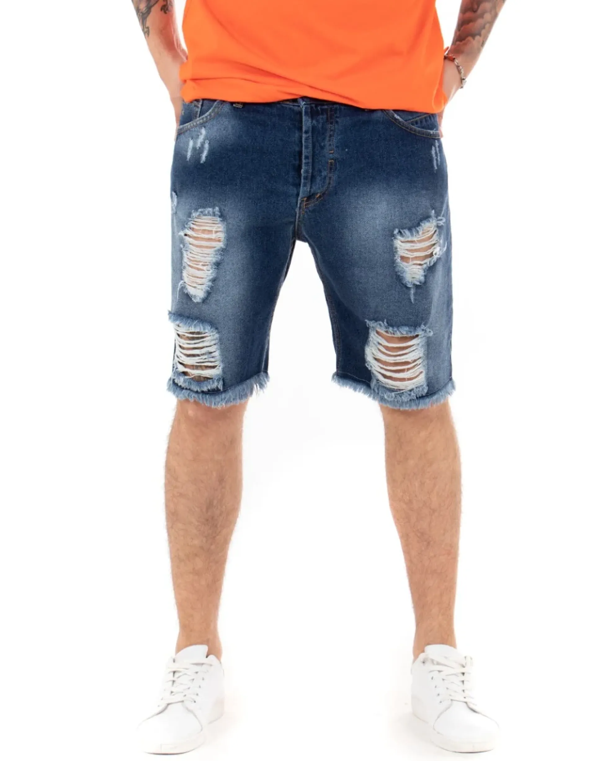 Bermuda Pantaloncini Uomo Corti Jeans Regular Fit Casual Con Rotture Cinque Tasche Denim Sfumato GIOSAL-PC1700A