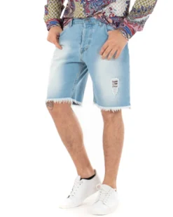 Bermuda Pantaloncini Uomo Corti Jeans Rotture Cinque Tasche Sfrangiato Casual Denim Chiaro GIOSAL-PC1850A