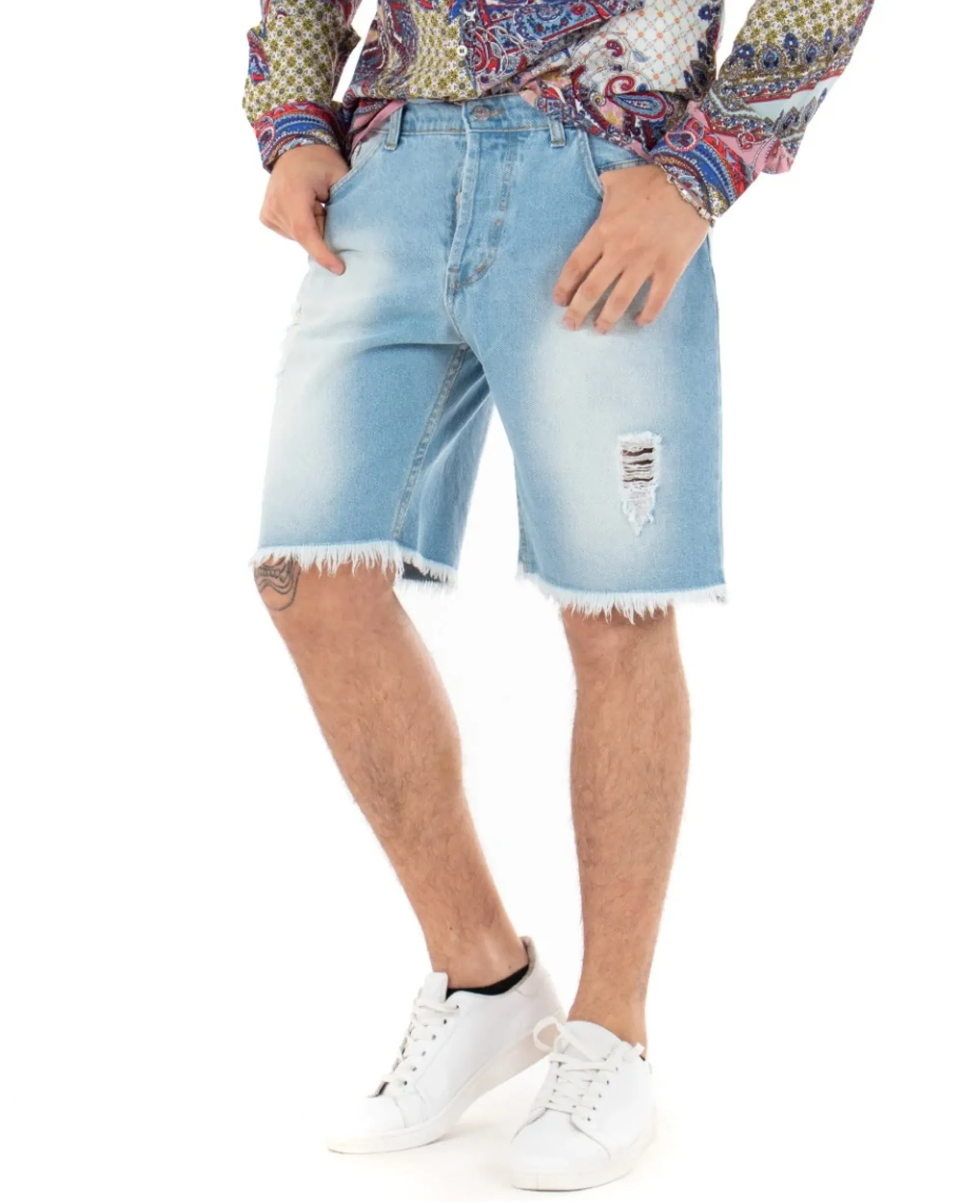 Bermuda Pantaloncini Uomo Corti Jeans Rotture Cinque Tasche Sfrangiato Casual Denim Chiaro GIOSAL-PC1850A