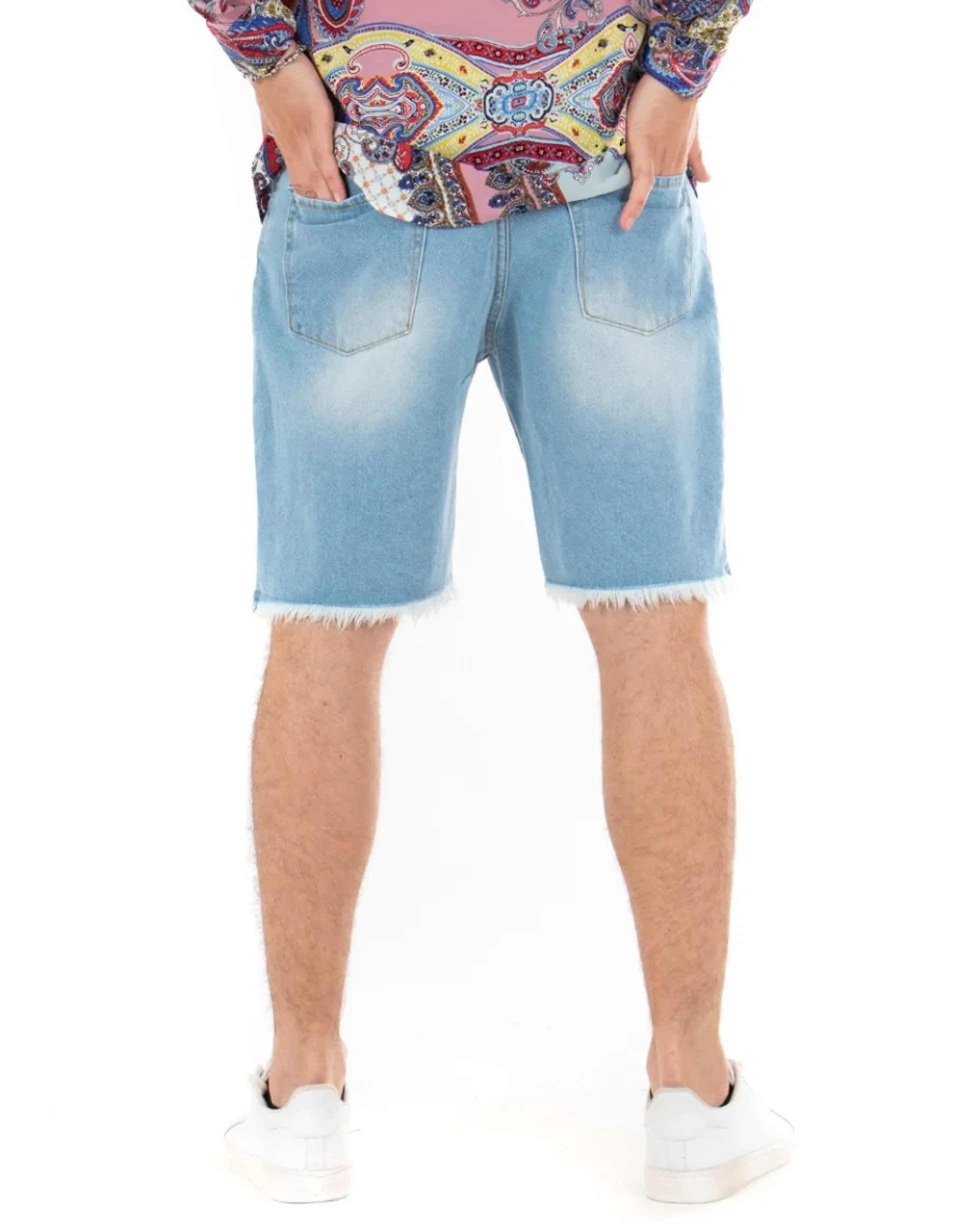 Bermuda Pantaloncini Uomo Corti Jeans Rotture Cinque Tasche Sfrangiato Casual Denim Chiaro GIOSAL-PC1850A