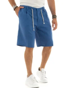 Bermuda Pantaloncini Uomo Corti Lino Sartoriale Con Laccetto Blu Royal GIOSAL-PC1927A