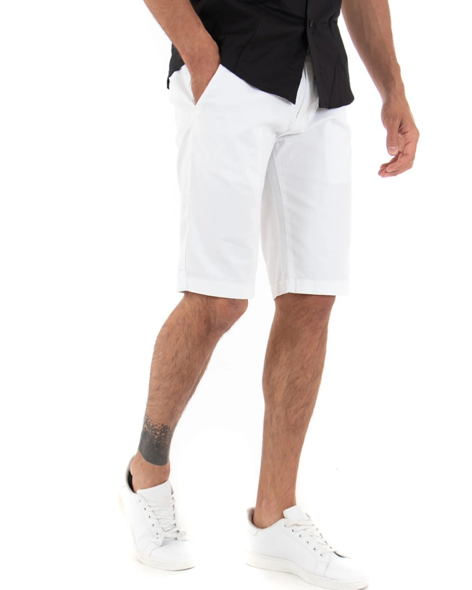 Bermuda Pantaloncini Uomo Corti Classici Casual Basic Con Tasca America Cotone Tinta Unita Bianco GIOSAL-PC1720A