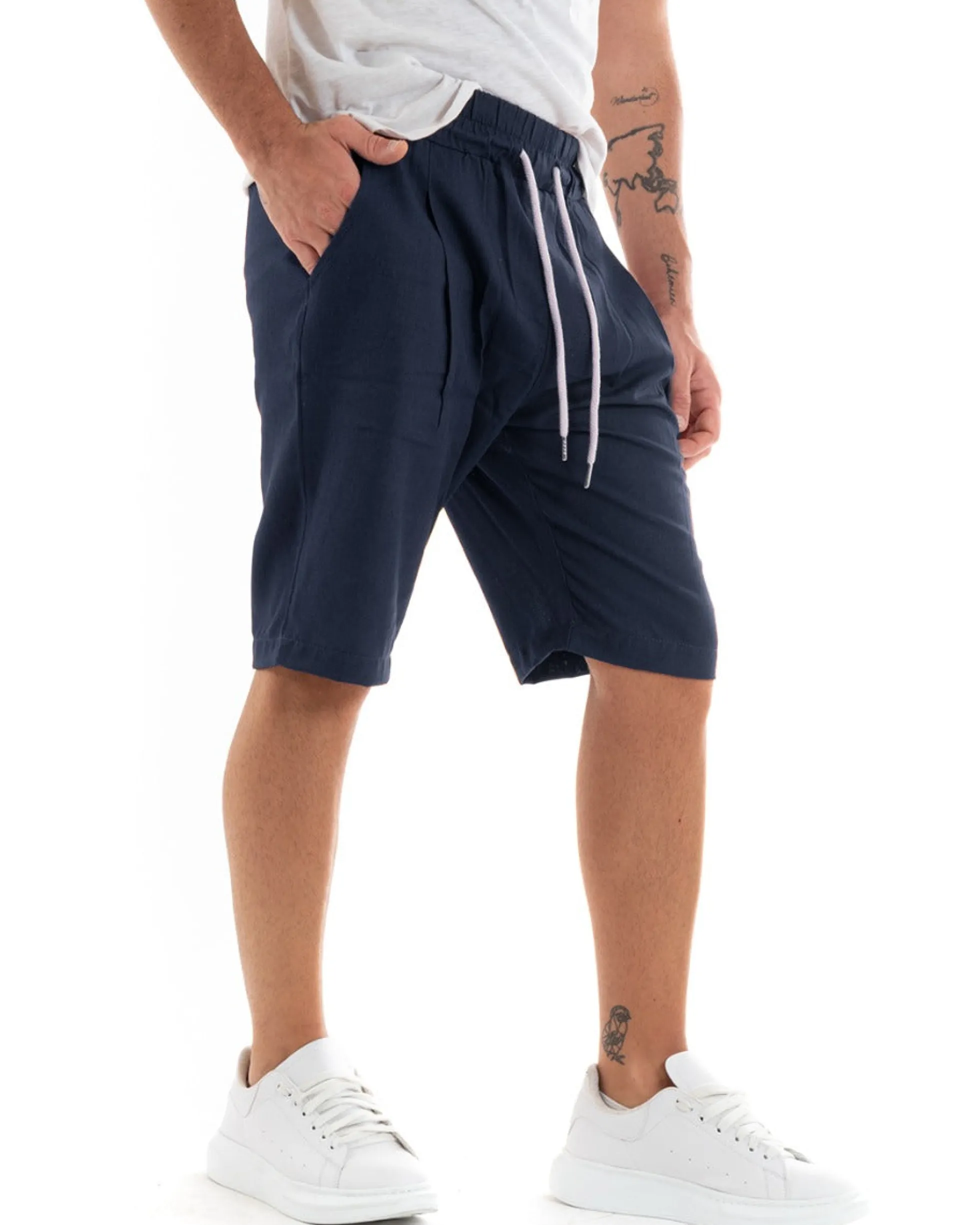 Bermuda Pantaloncini Uomo Corti Lino Pantalaccio Basic Blu GIOSAL-PC1921A