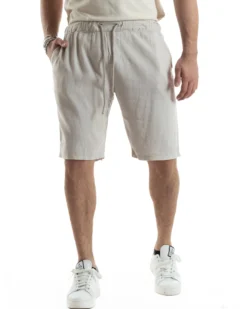 Bermuda Pantaloncini Uomo Corti Lino Jogger Basic Tinta Unita Beige GIOSAL-PC1949A