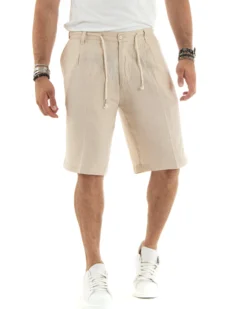 Bermuda pantaloncini uomo corti lino sartoriale con laccetto beige GIOSAL-PC1930A