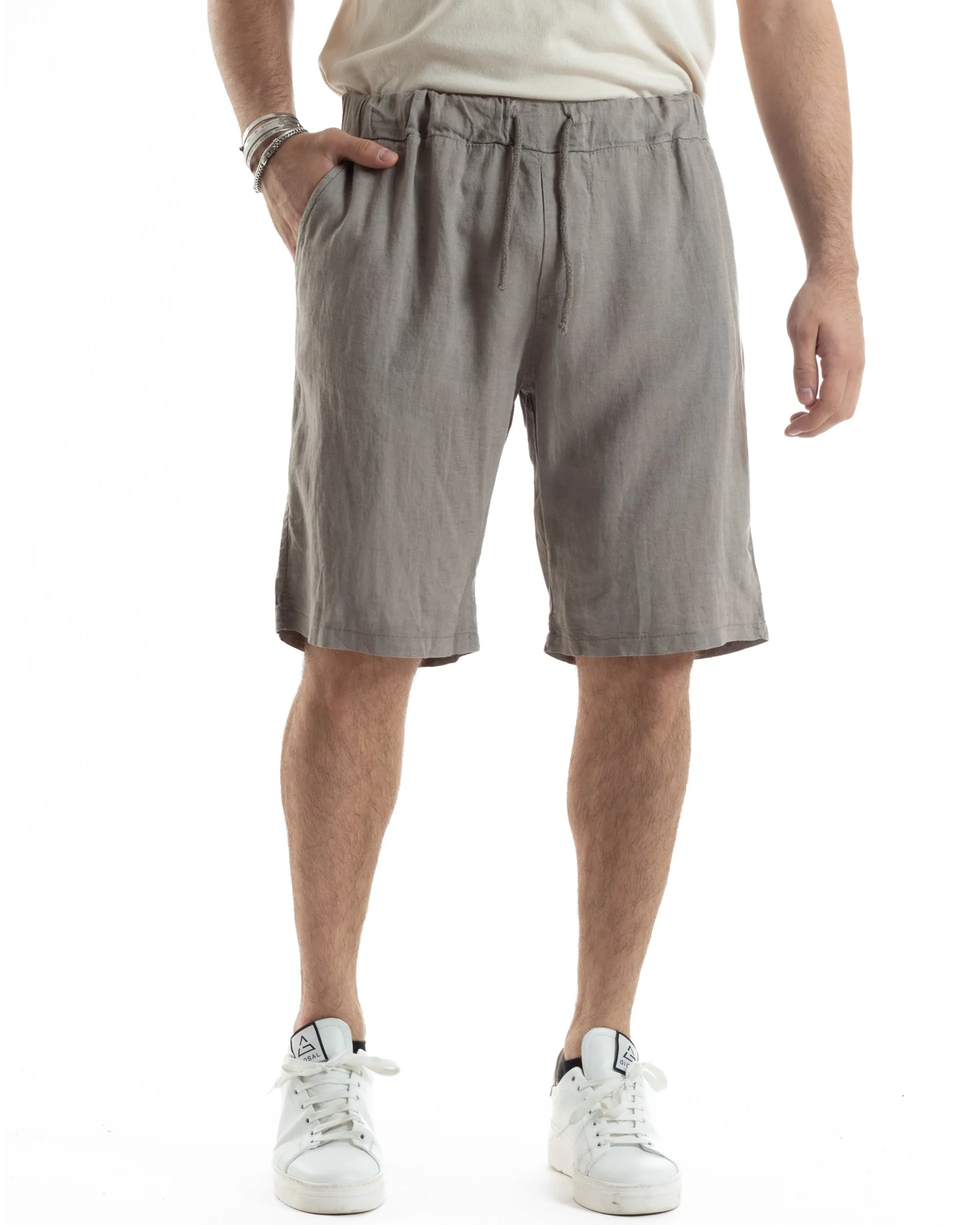 Bermuda Pantaloncini Uomo Corti Lino Jogger Basic Tinta Unita Fango GIOSAL-PC1947A