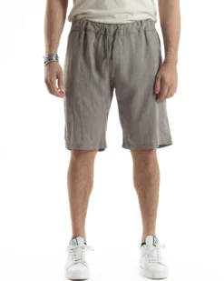 Bermuda Pantaloncini Uomo Corti Lino Jogger Basic Tinta Unita Fango GIOSAL-PC1947A