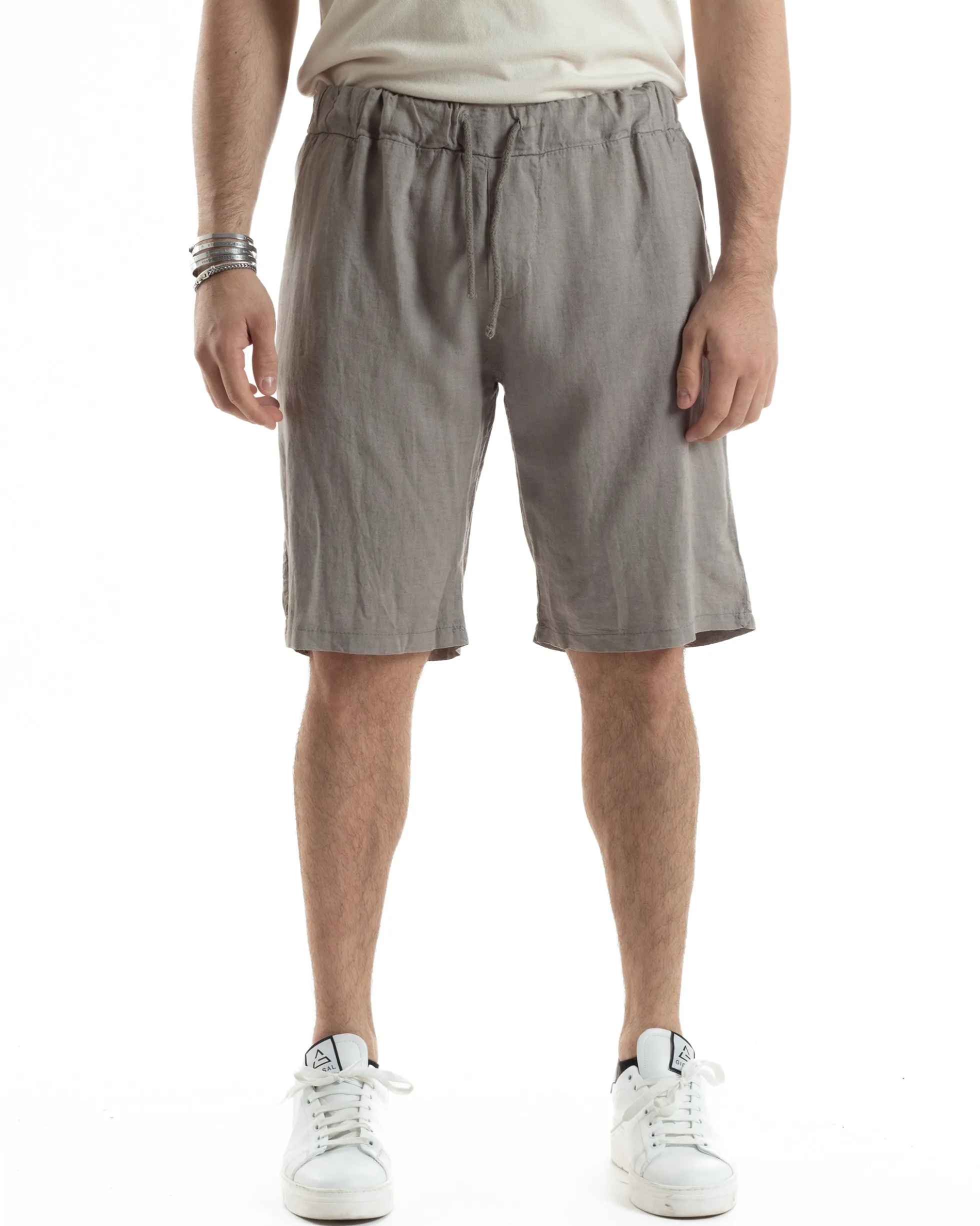 Bermuda Pantaloncini Uomo Corti Lino Jogger Basic Tinta Unita Fango GIOSAL-PC1947A