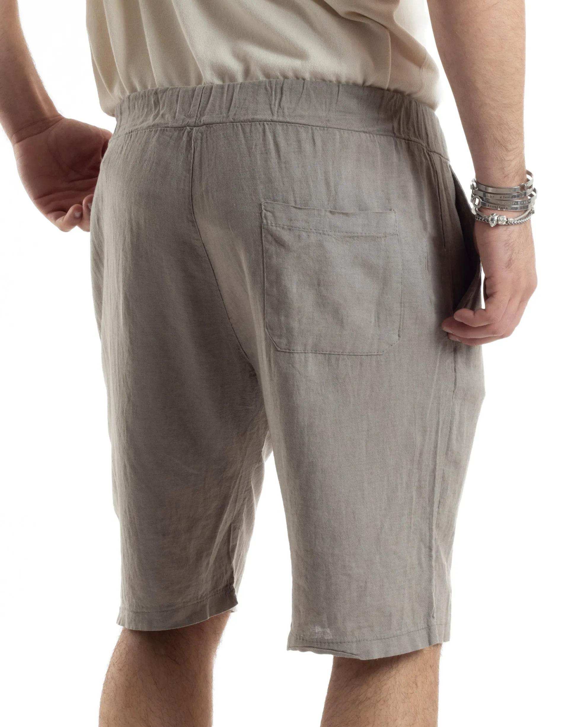 Bermuda Pantaloncini Uomo Corti Lino Jogger Basic Tinta Unita Fango GIOSAL-PC1947A