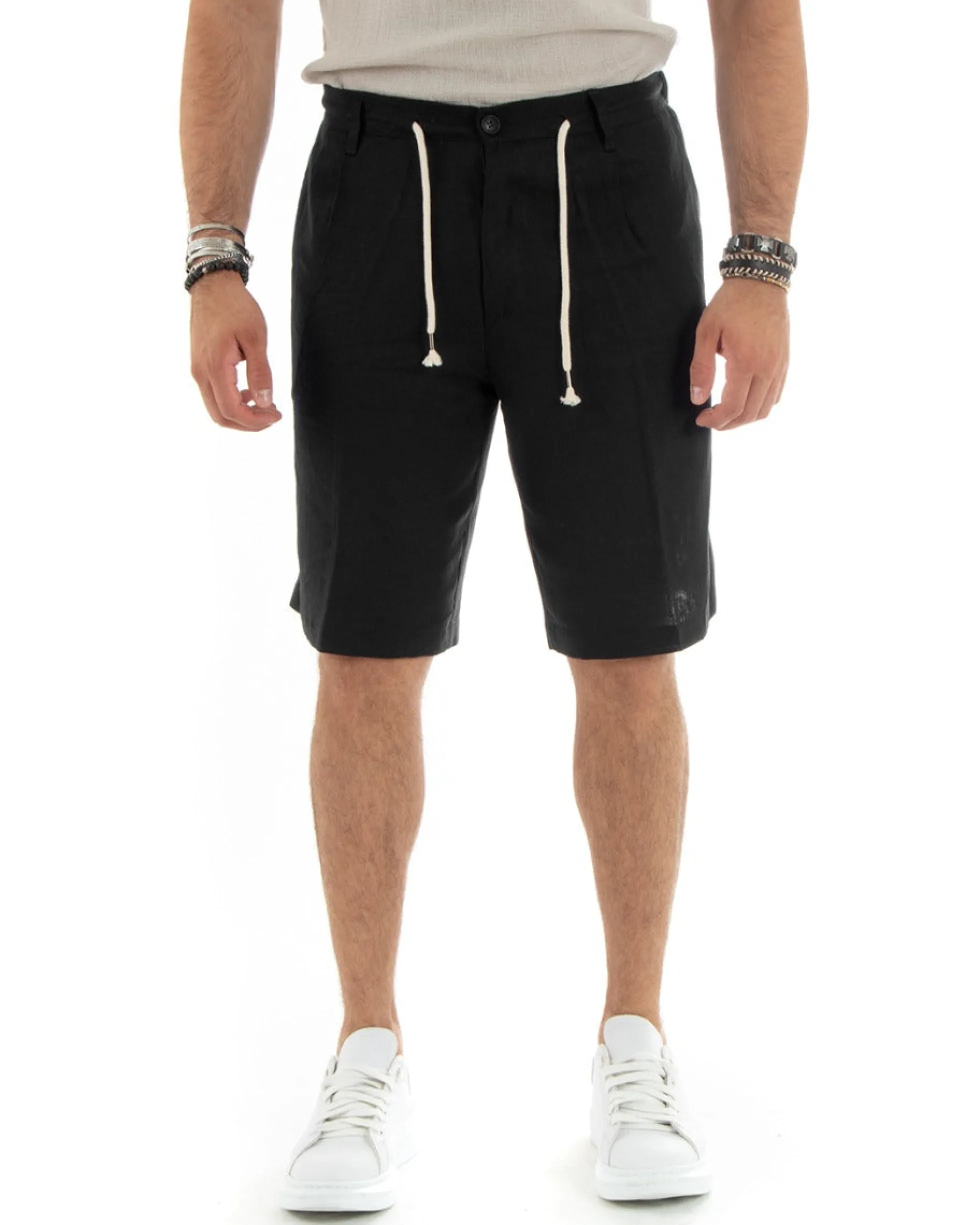 Bermuda pantaloncini uomo corti lino sartoriale con laccetto nero GIOSAL-PC1929A