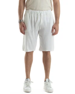 Bermuda Pantaloncini Uomo Corti Lino Jogger Basic Tinta Unita Bianco GIOSAL-PC1945A