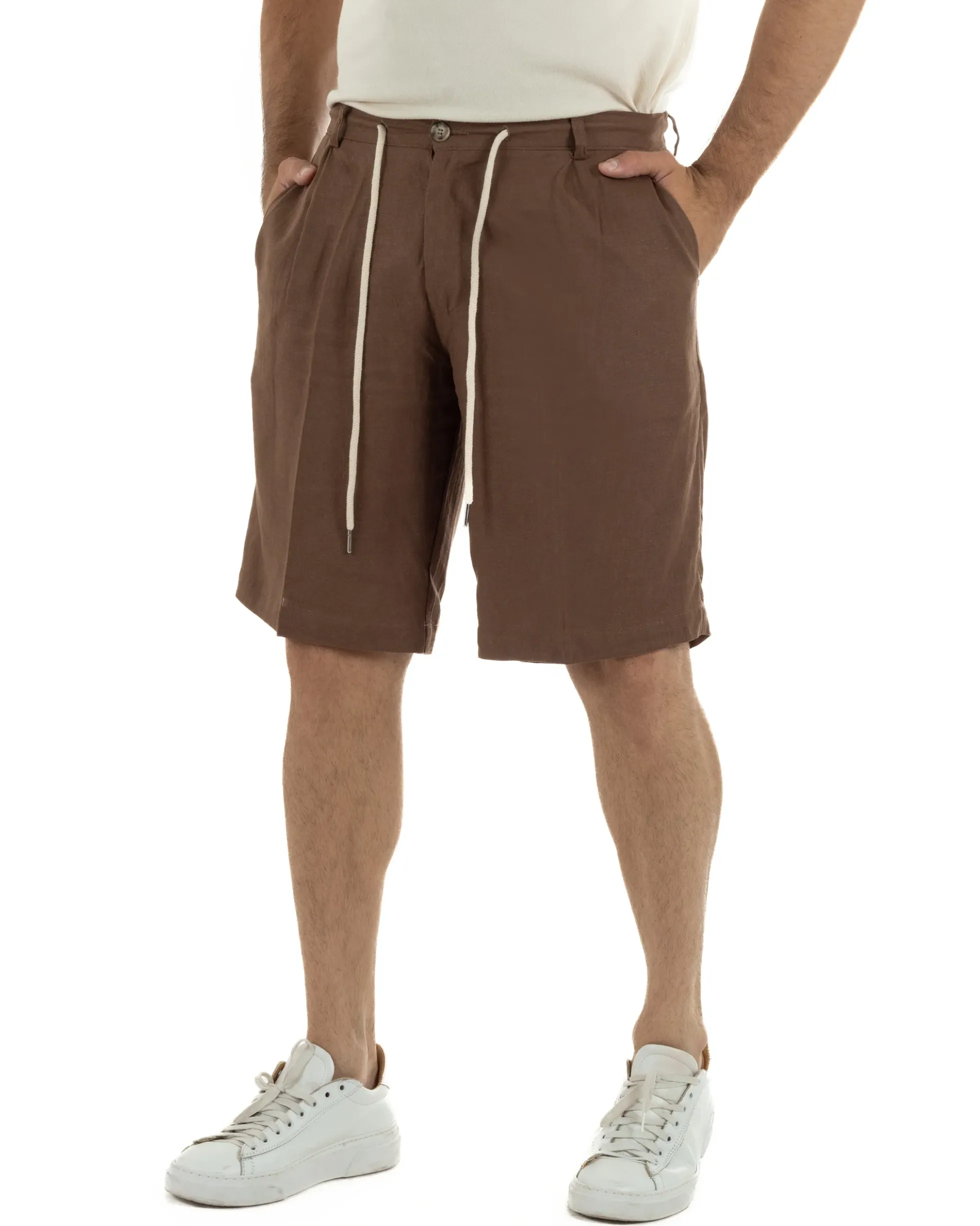 Bermuda pantaloncini uomo corti lino sartoriale con laccetto marrone GIOSAL-PC2047A