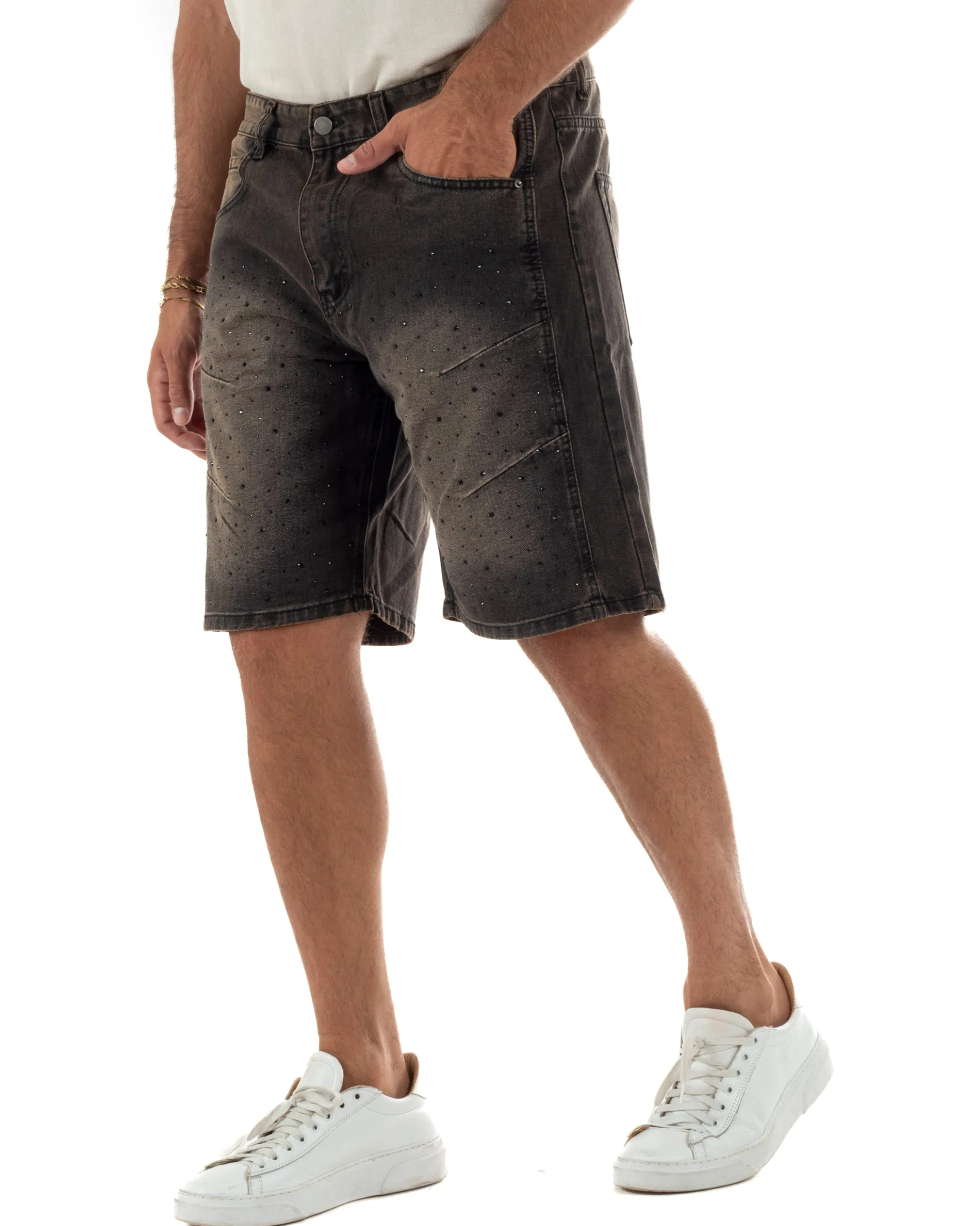 Bermuda pantaloncini uomo jeans con strass cinque tasche denim marrone GIOSAL-PC2053A