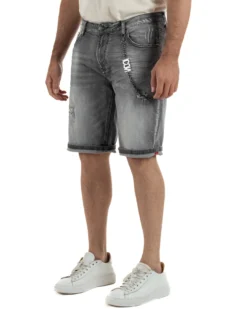 Bermuda pantaloncini uomo jeans rotture con catena e logo street style denim nero ICON-IUD031