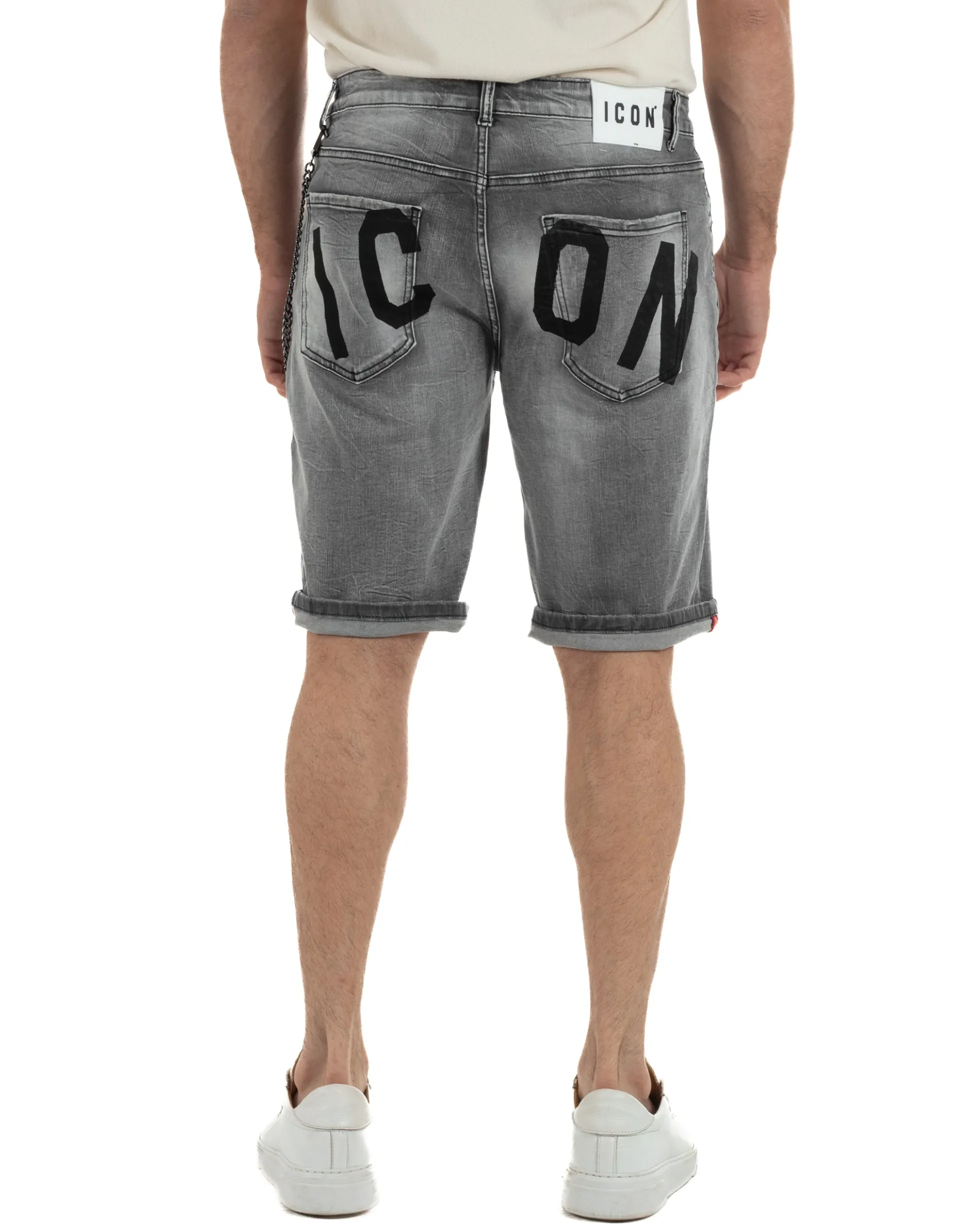 Bermuda pantaloncini uomo jeans rotture con catena e logo street style denim nero ICON-IUD031