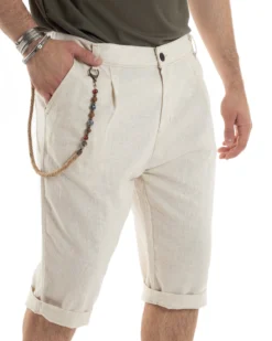 Bermuda Pantaloncini Uomo Lino Tasche America Sartoriale Casual Beige GIOSAL-PC1956A