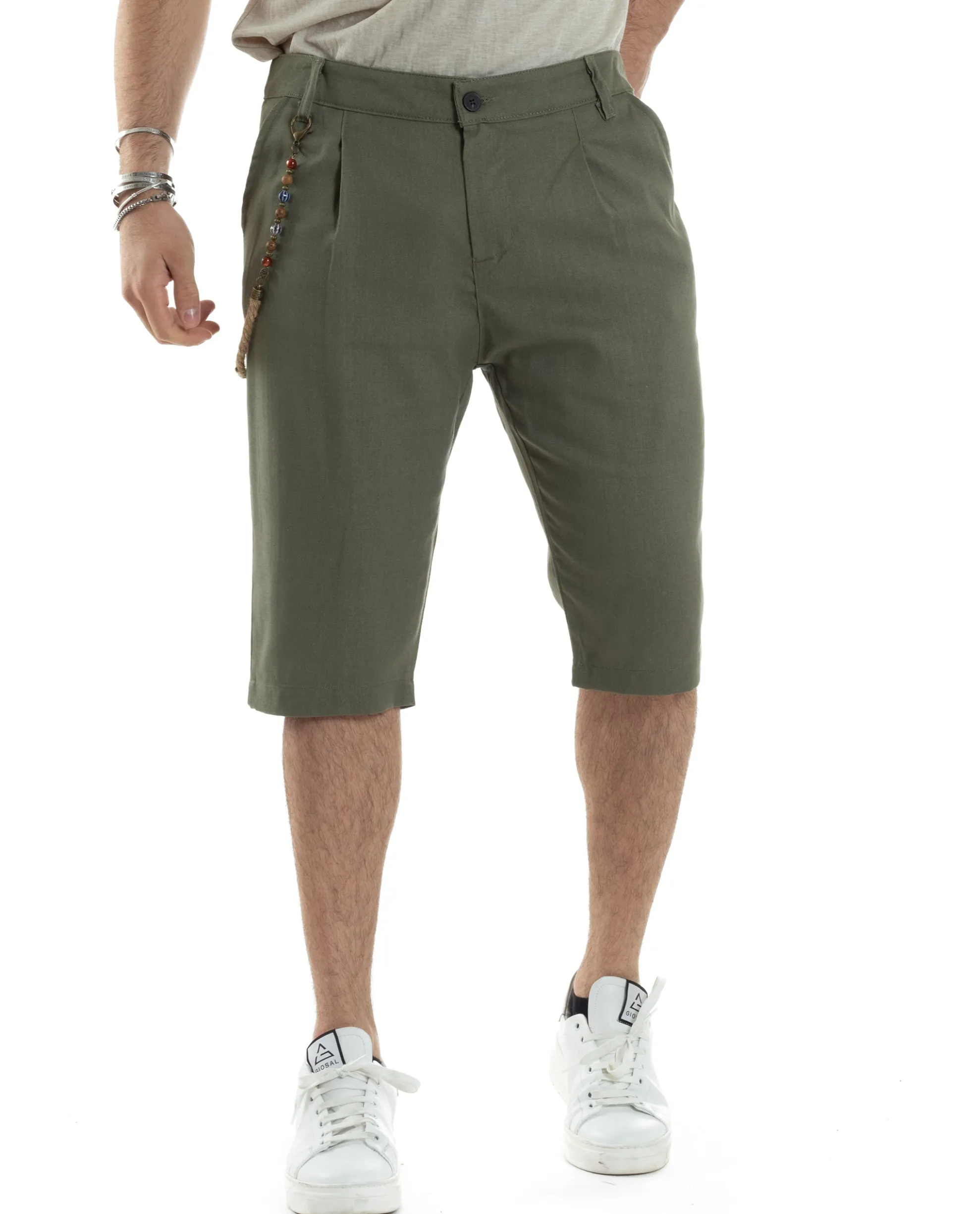 Bermuda Pantaloncini Uomo Lino Tasche America Sartoriale Casual Verde GIOSAL-PC1953A