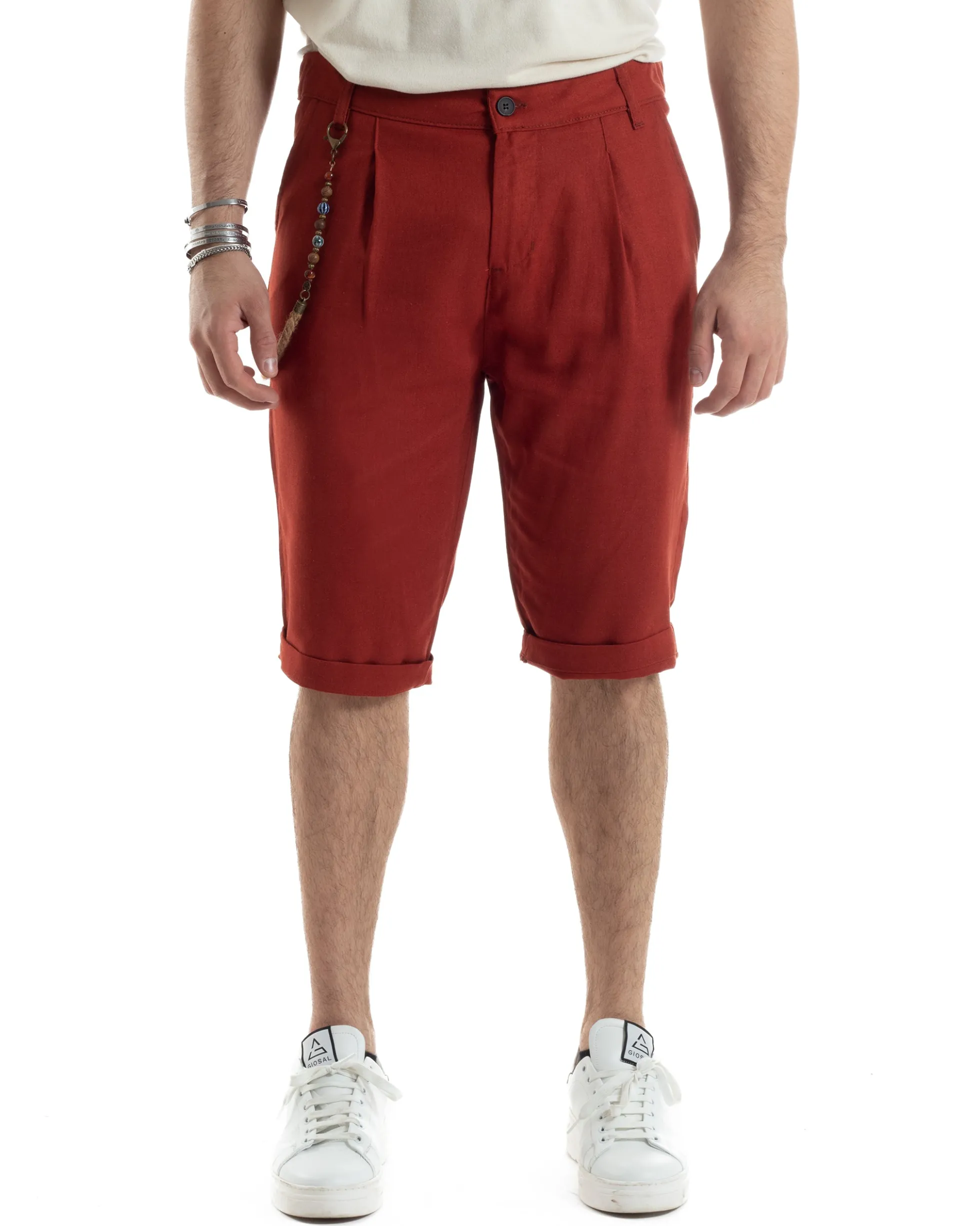 Bermuda Pantaloncini Uomo Lino Tasche America Sartoriale Casual Mattone GIOSAL-PC1957A