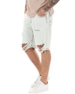 Bermuda Pantaloncino Uomo Denim Chiaro Sabbiato Rotture Cinque Tasche GIOSAL-PC1697A