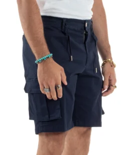 Bermuda Uomo Cargo Cotone Pantaloni Laccio Blu PC1987A
