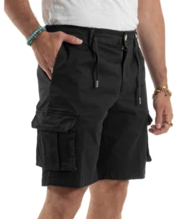Bermuda Uomo Cargo Cotone Pantaloni Laccio Nero PC1988A