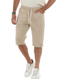 Bermuda uomo cotone pantaloncini coulisse rotture jeans beige GIOSAL-PC2000A