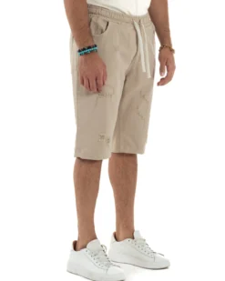 Bermuda uomo cotone pantaloncini coulisse rotture jeans beige GIOSAL-PC2000A