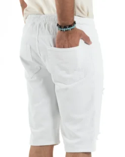 Bermuda uomo cotone pantaloncini coulisse rotture jeans bianco GIOSAL-PC2002A