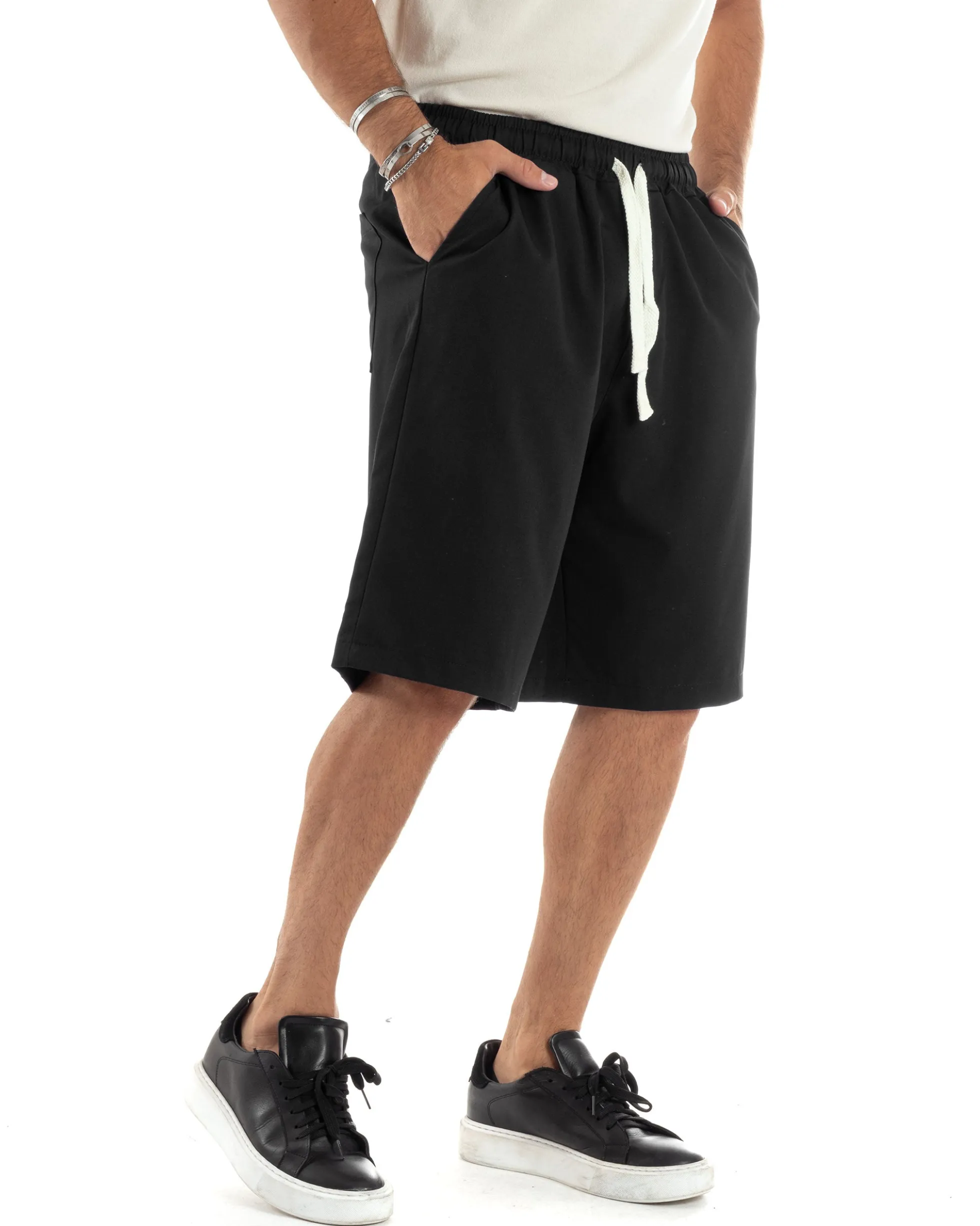 Bermuda uomo viscosa pantalaccio corto jogger wide leg oversize nero GIOSAL-PC1966A