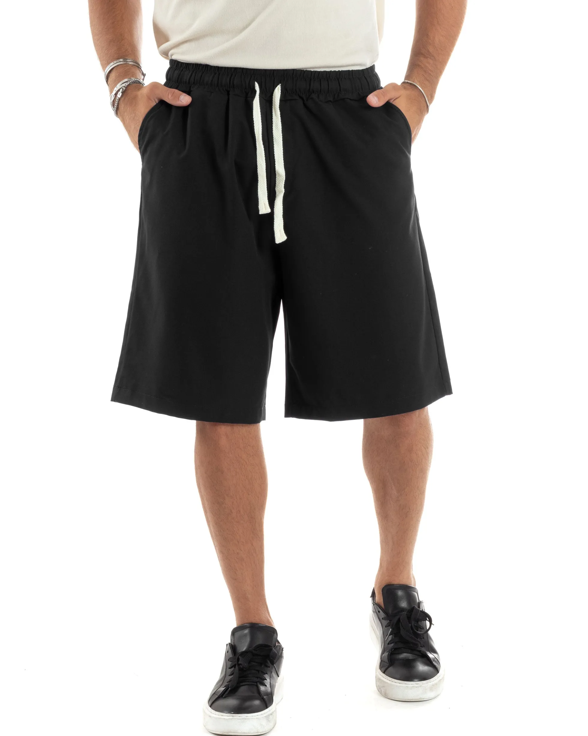 Bermuda uomo viscosa pantalaccio corto jogger wide leg oversize nero GIOSAL-PC1966A