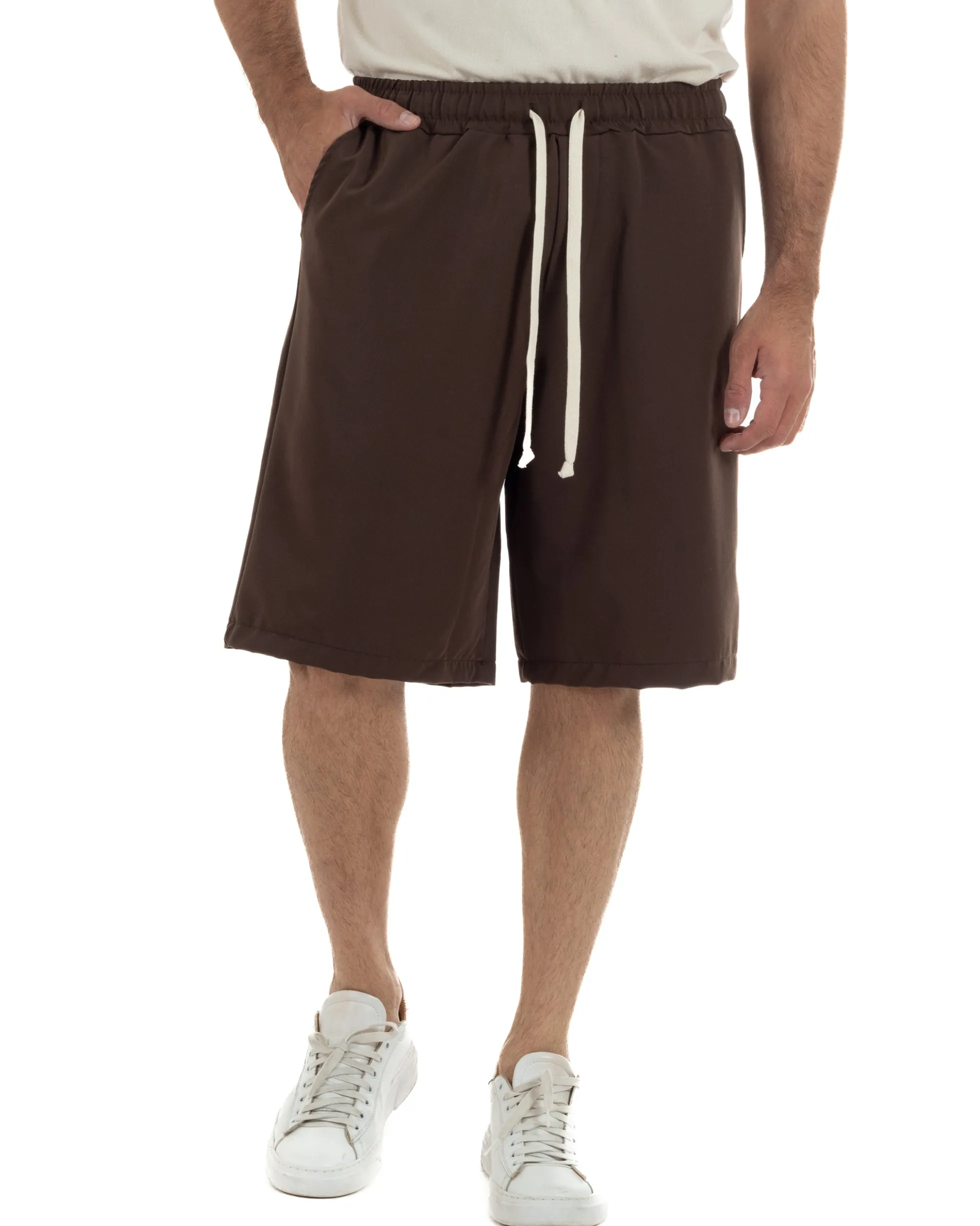 Bermuda uomo viscosa pantalaccio corto jogger wide leg oversize marrone GIOSAL-PC2049A