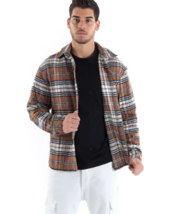 Camicia Camicione Uomo Tartan Con Colletto Overshirt Caldo Fantasia Quadri Scozzese Casual Camel GIOSAL-C2649A