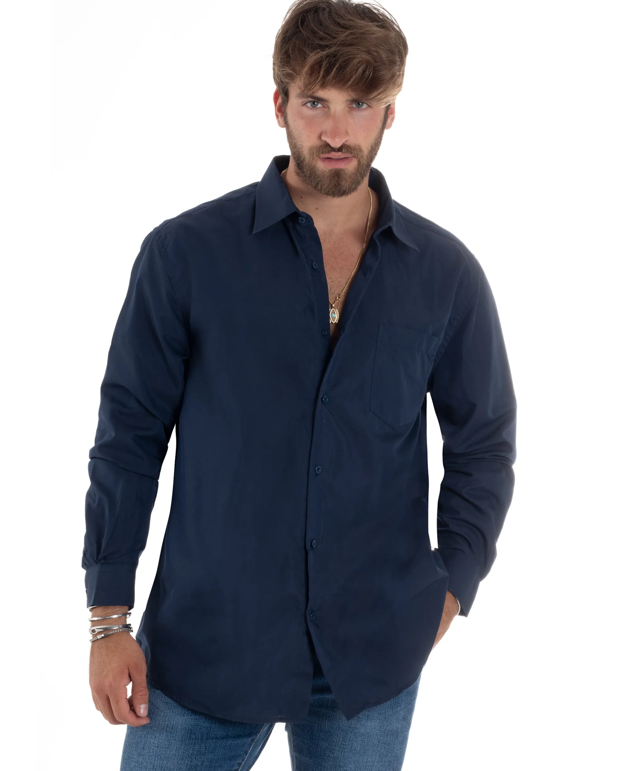 Camicia Classica Uomo Basic Cotone Regular Fit Blu C2984A