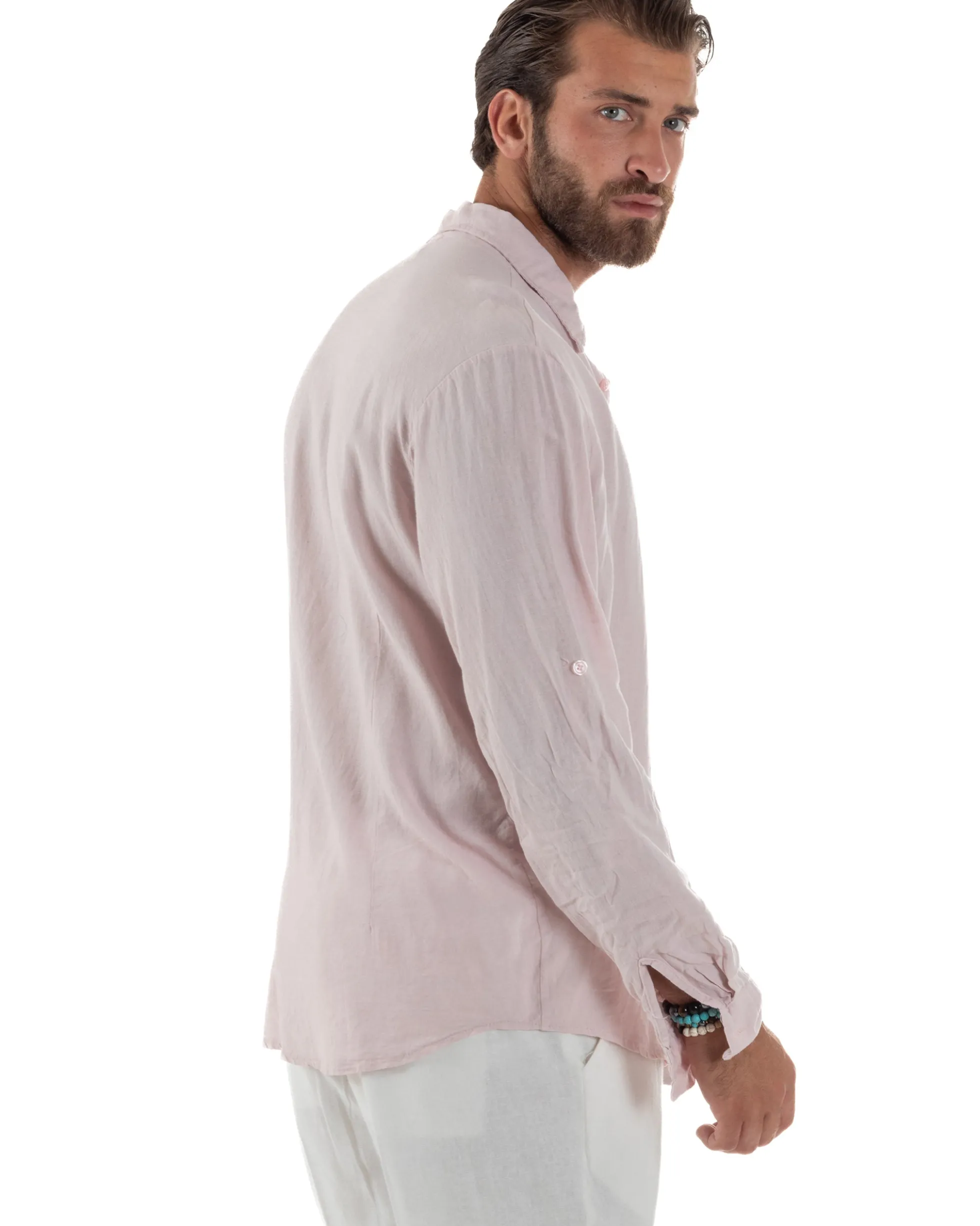 Camicia Collo Francese Lino Slim Fit Basic Rosa C3036A