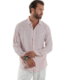 Camicia Collo Francese Lino Slim Fit Basic Rosa C3036A