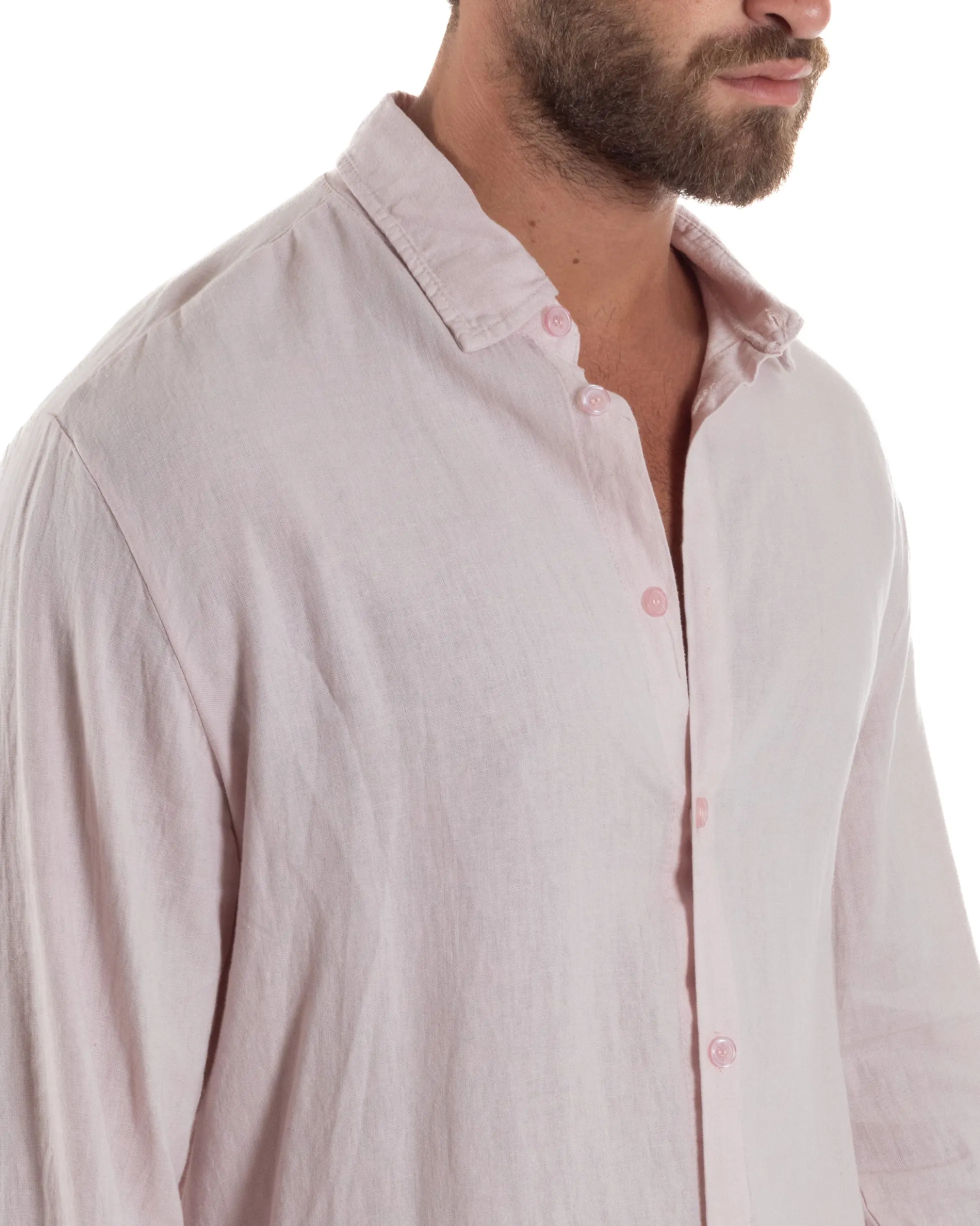 Camicia Collo Francese Lino Slim Fit Basic Rosa C3036A