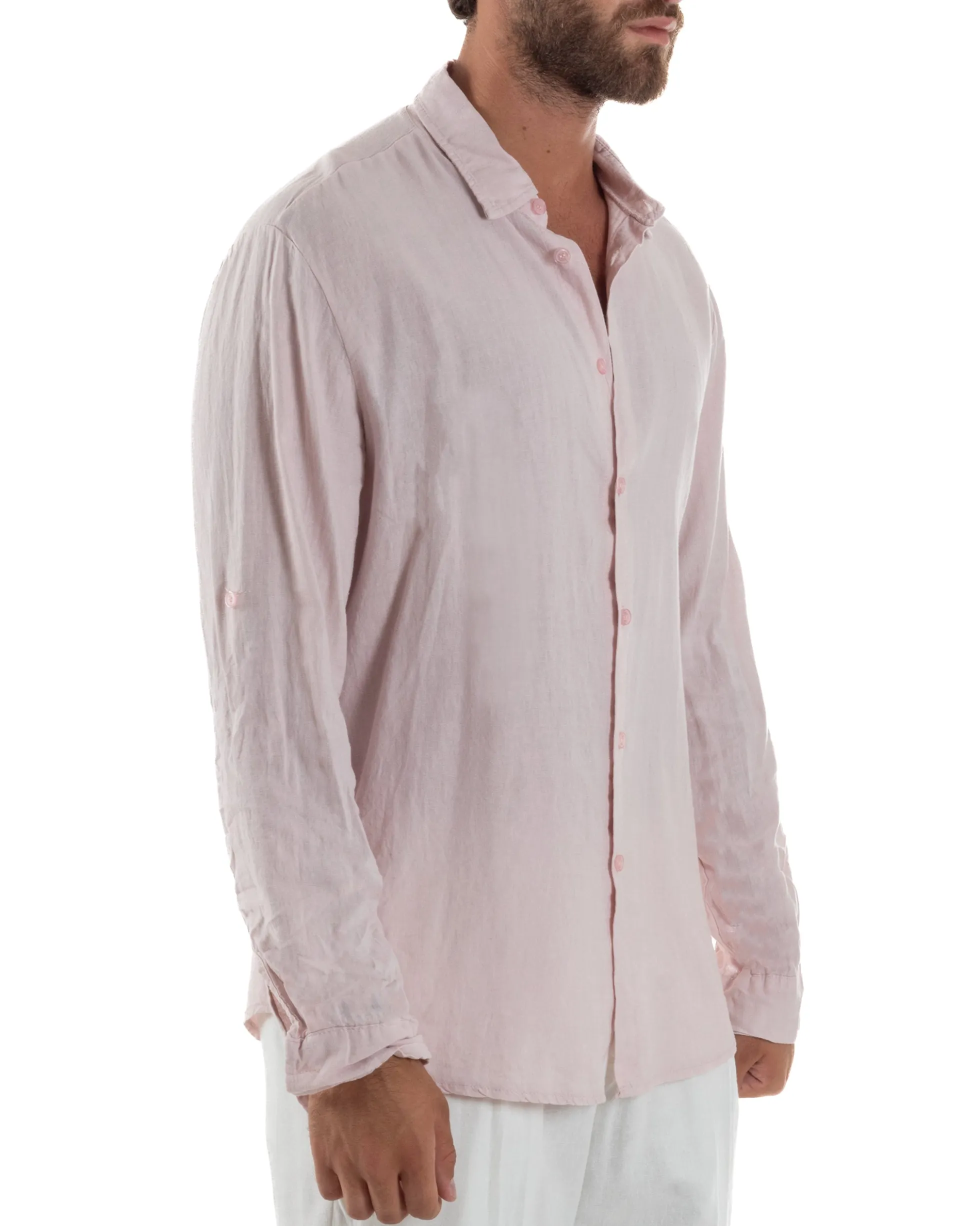 Camicia Collo Francese Lino Slim Fit Basic Rosa C3036A