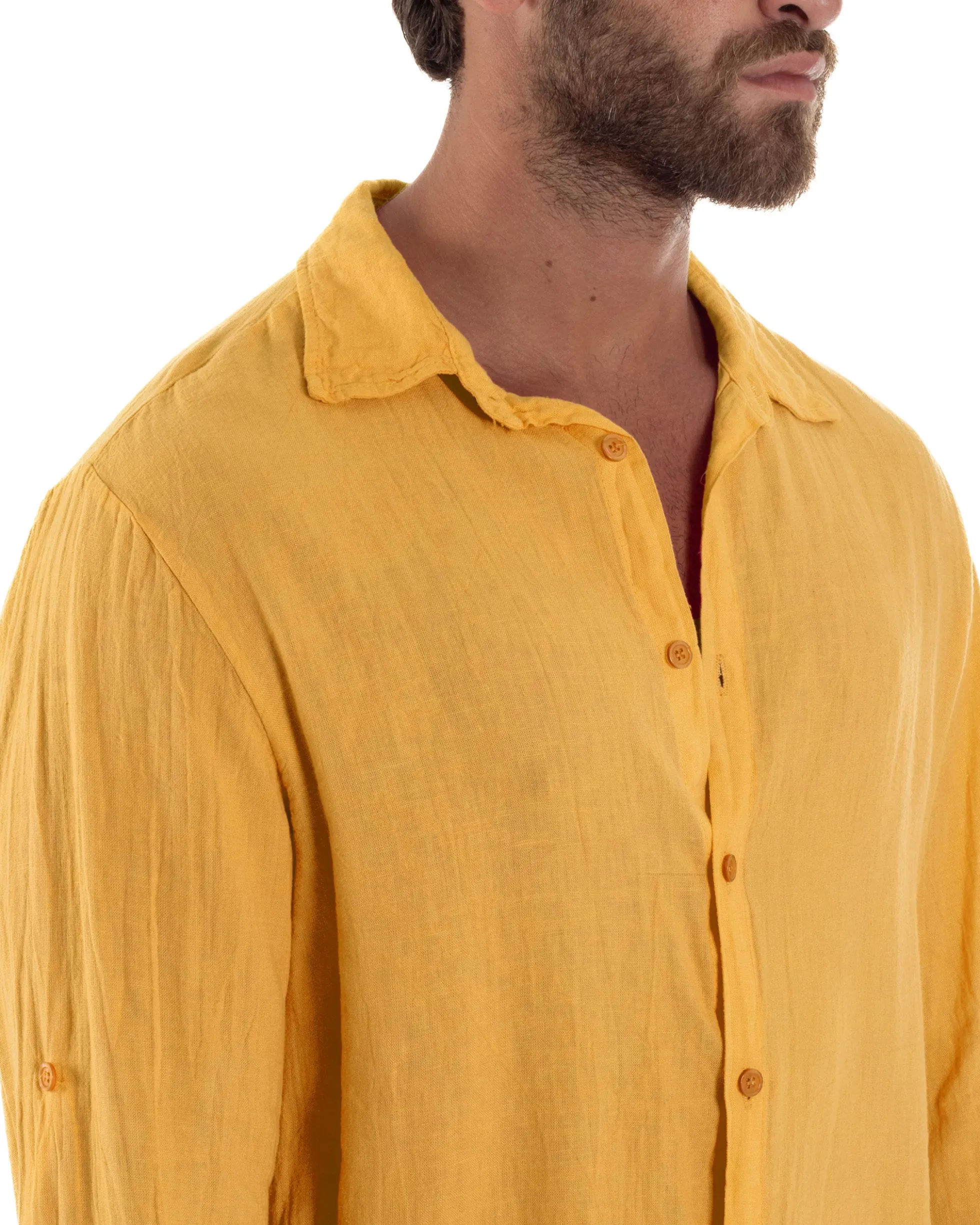 Camicia Collo Francese Lino Slim Fit Basic Senape C3041A
