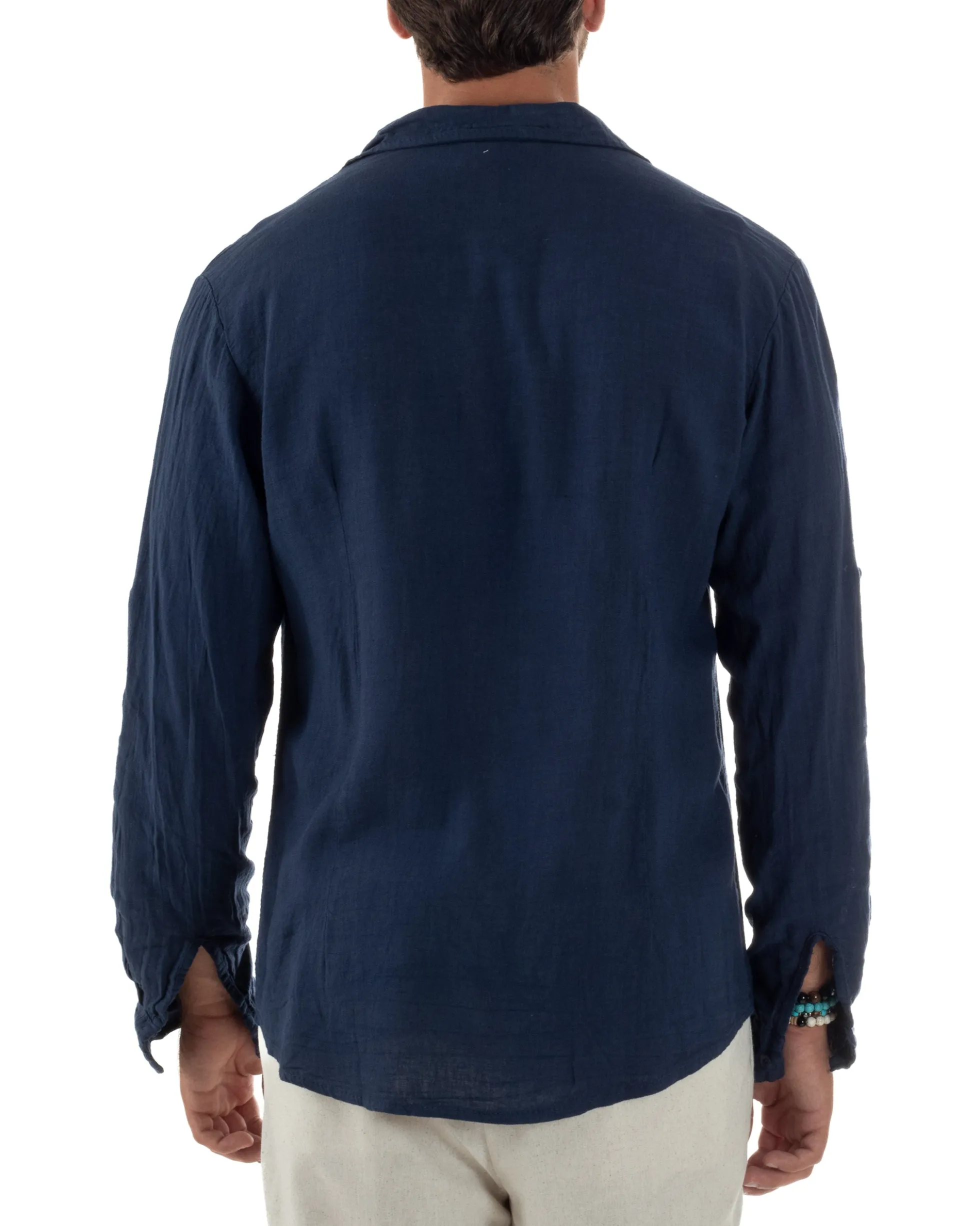 Camicia Collo Francese Lino Slim Fit Basic Blu C3035A
