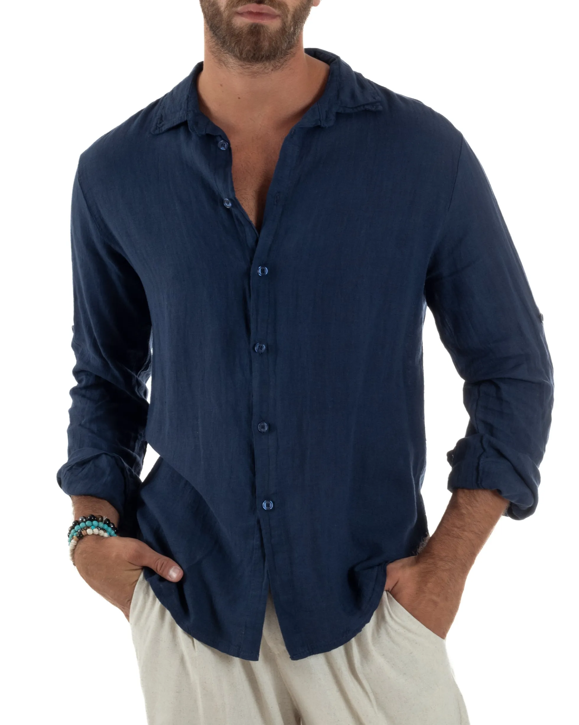 Camicia Collo Francese Lino Slim Fit Basic Blu C3035A