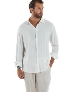 Camicia Collo Francese Lino Slim Fit Basic Bianco C3032A