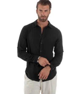Camicia Collo Francese Lino Slim Fit Basic Nero C3031A