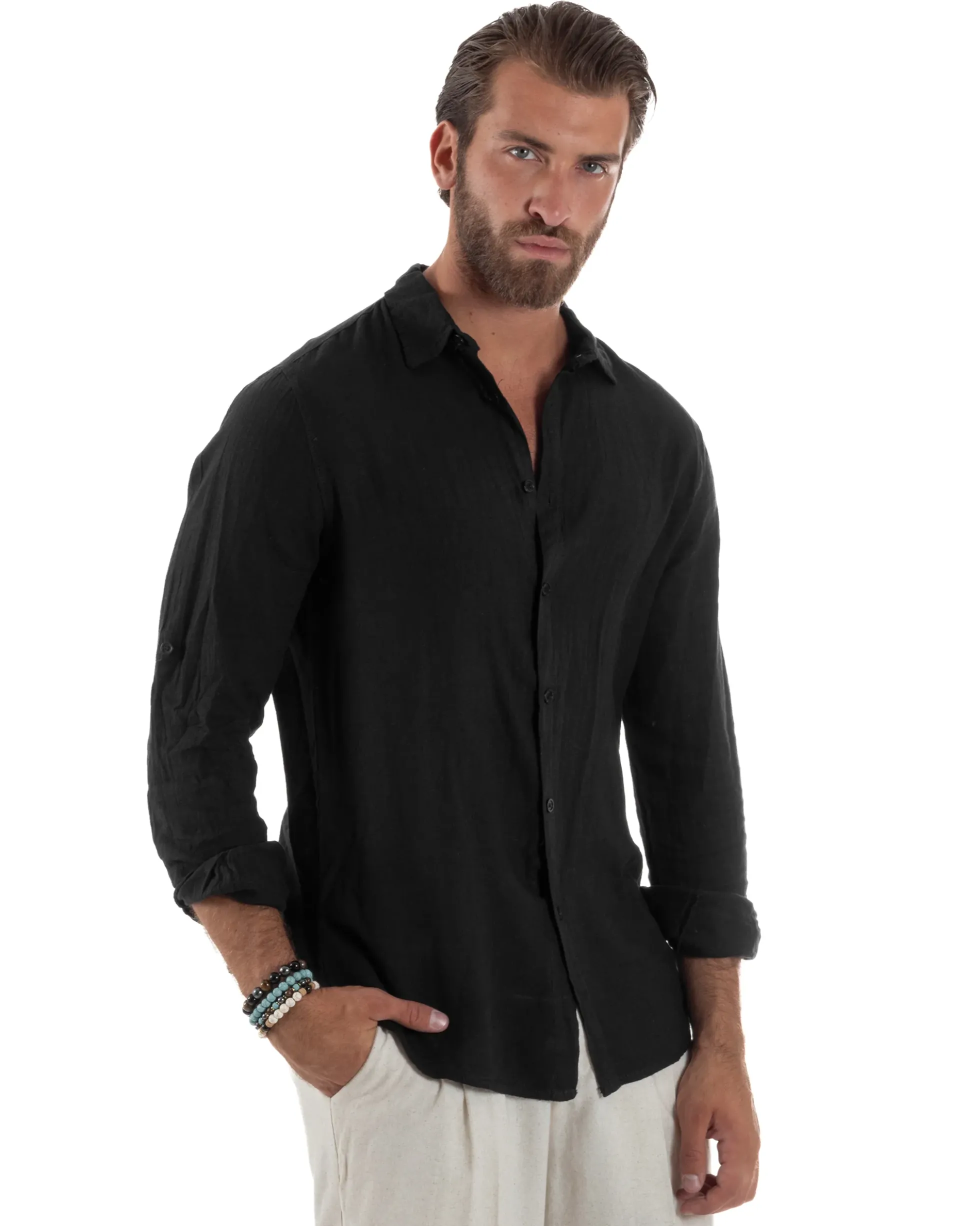 Camicia Collo Francese Lino Slim Fit Basic Nero C3031A