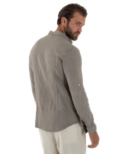 Camicia Collo Francese Lino Slim Fit Basic Fango C3034A