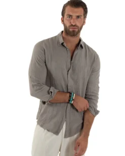 Camicia Collo Francese Lino Slim Fit Basic Fango C3034A