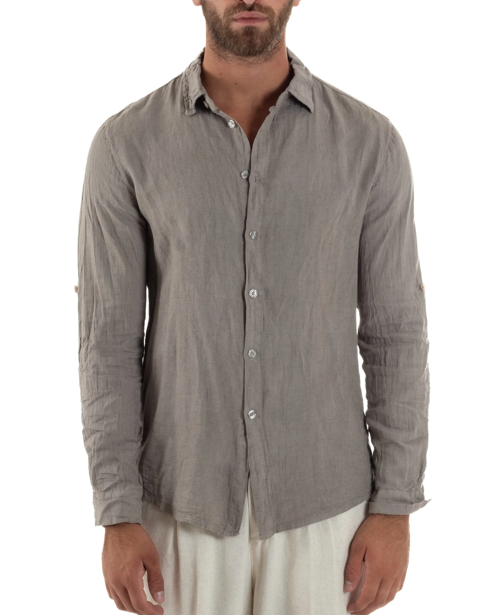 Camicia Collo Francese Lino Slim Fit Basic Fango C3034A