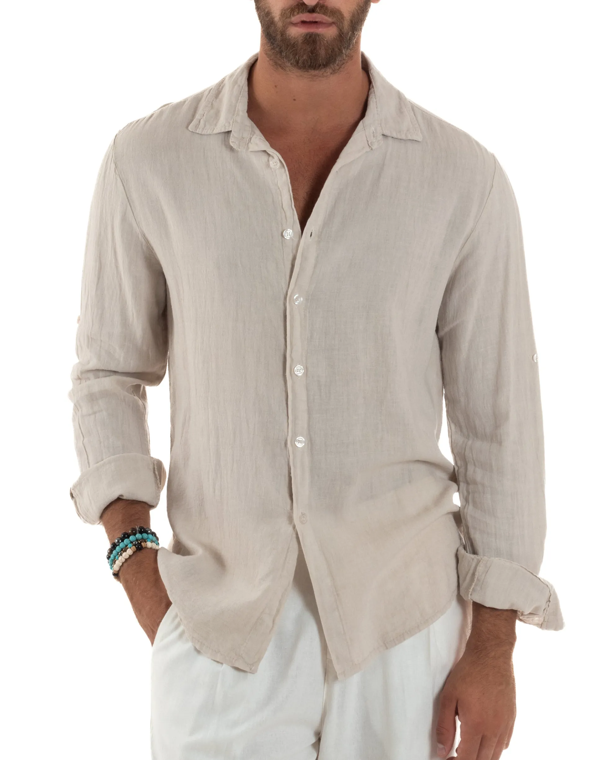 Camicia Collo Francese Lino Slim Fit Basic Beige C3038A