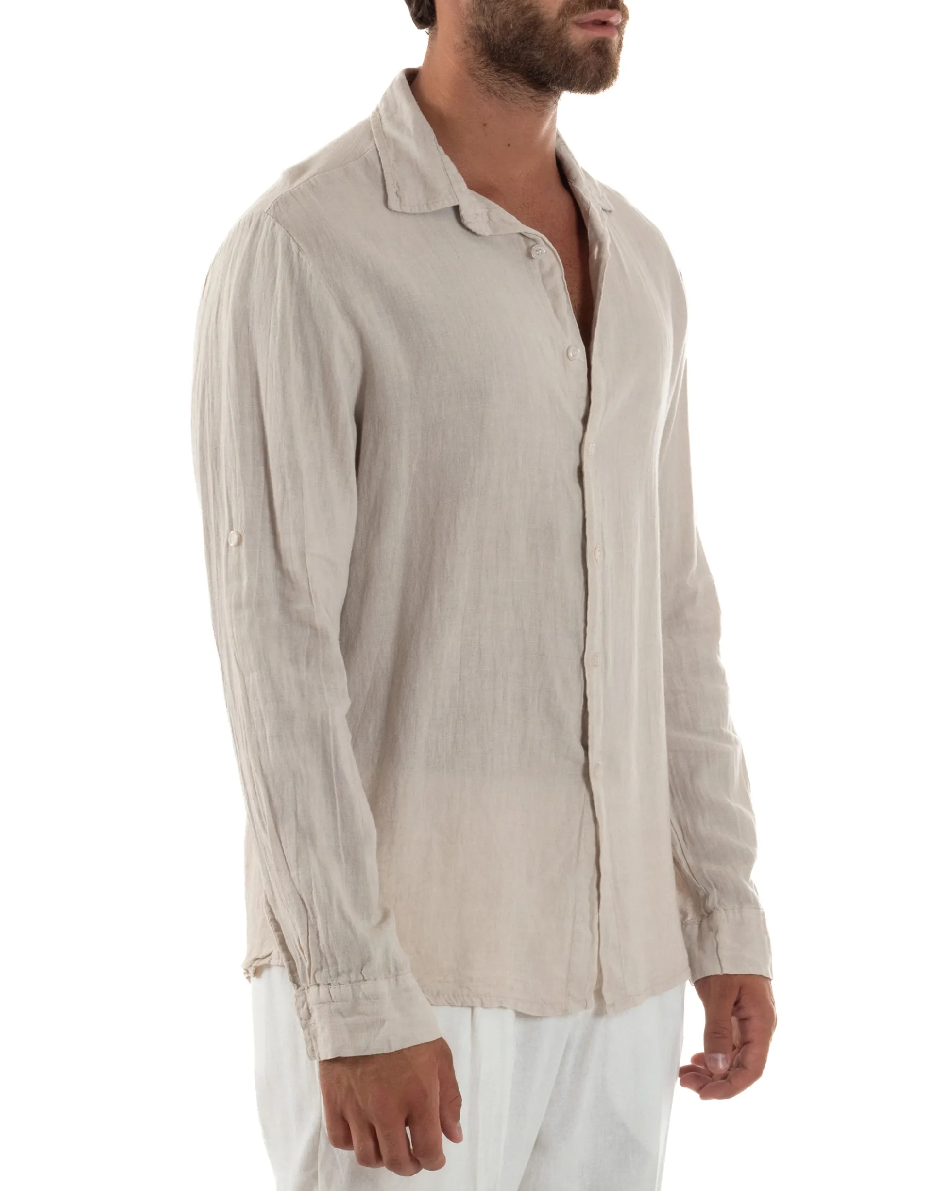 Camicia Collo Francese Lino Slim Fit Basic Beige C3038A