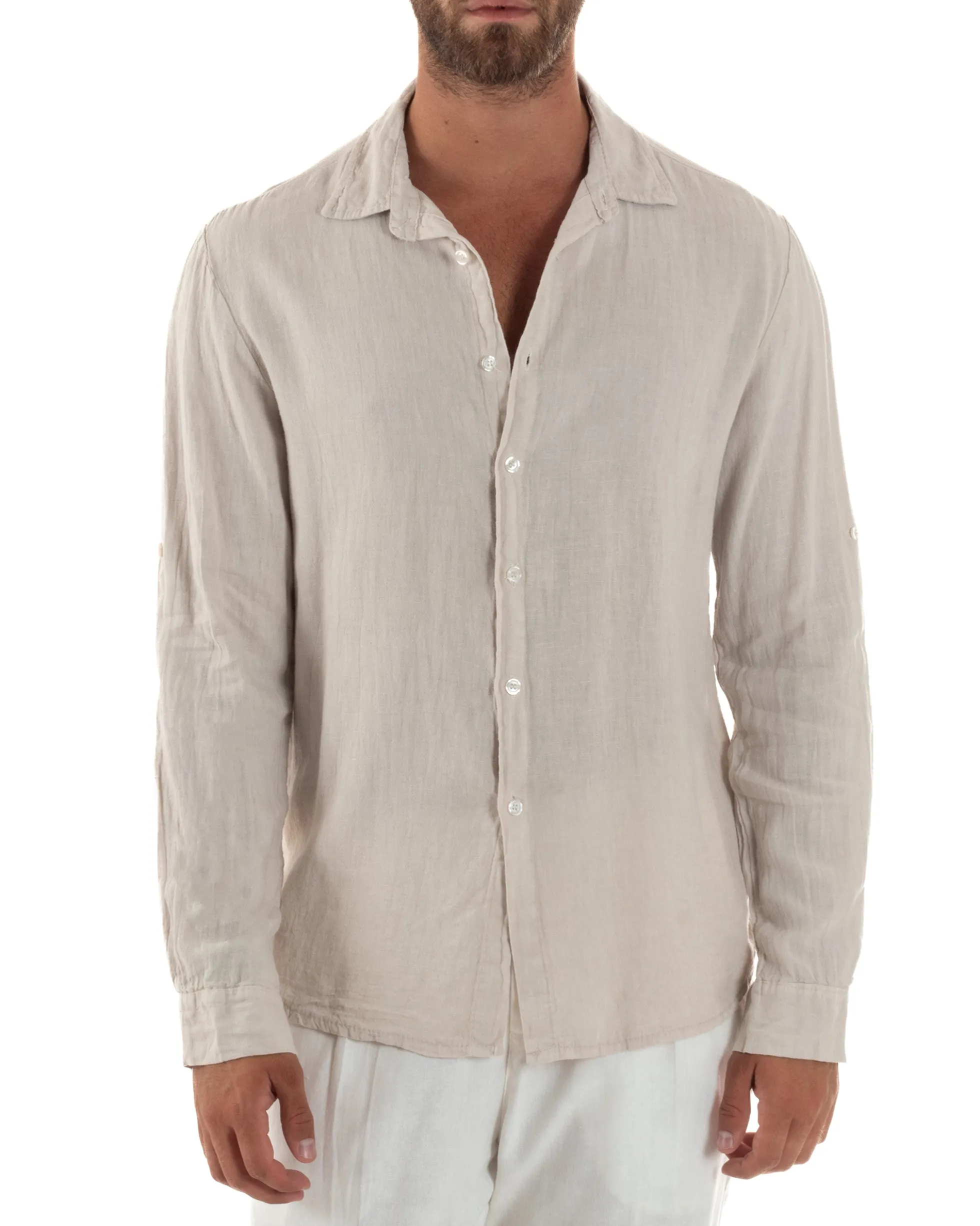 Camicia Collo Francese Lino Slim Fit Basic Beige C3038A