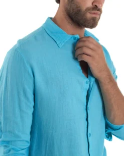 Camicia Collo Francese Lino Slim Fit Basic Turchese C3039A